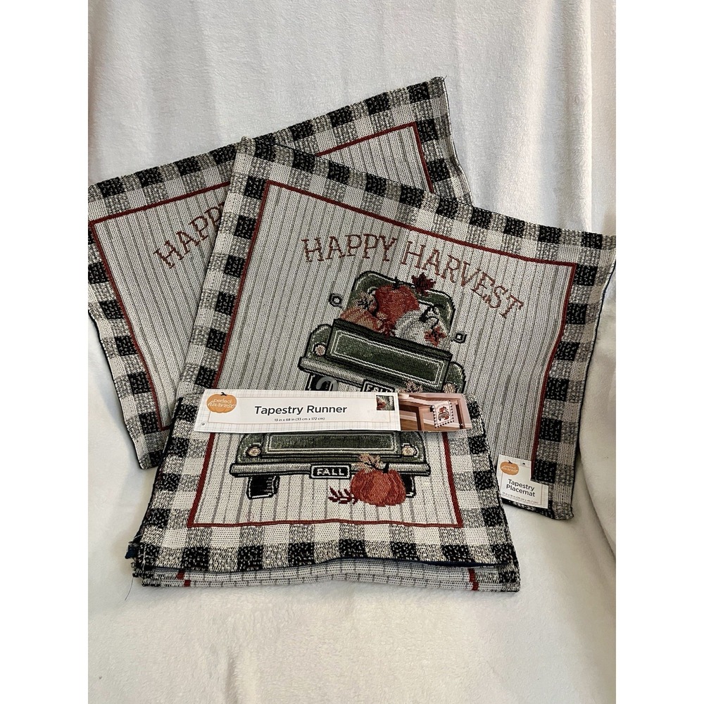 Fall Tapestry Placemats Happy Harvest Truck Pumpkins Matching Table Runner